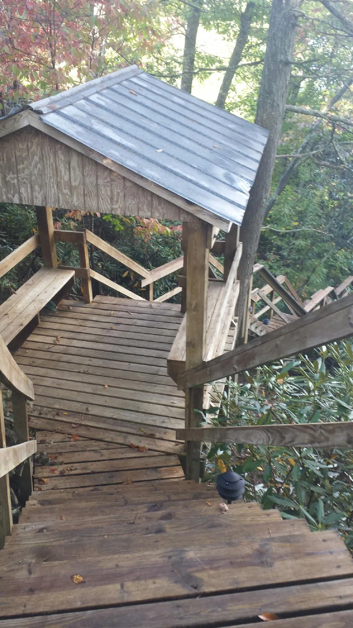 Metal roofed shelter over wooden steps on a wooded walkway — Skylight Repair & Installation work by our crew in West Decatur